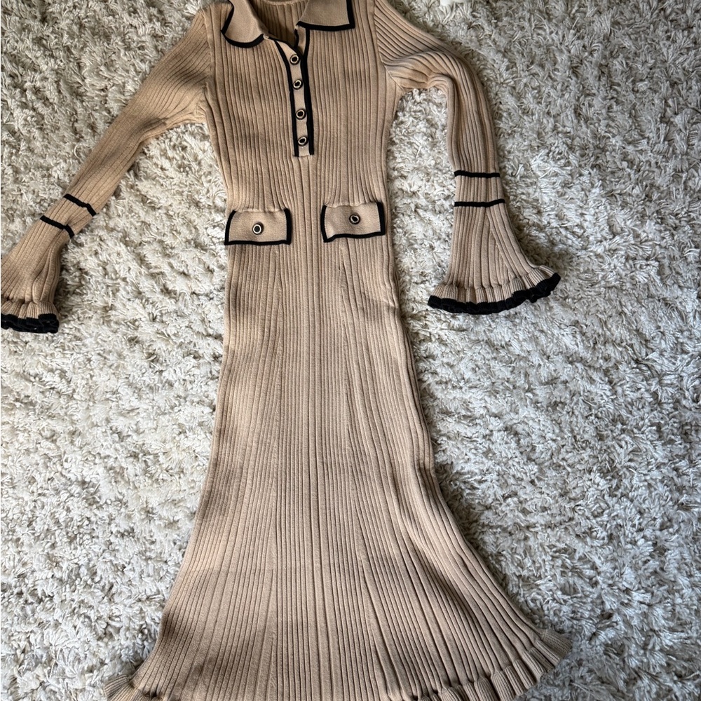 Elegant Long Sleeve Beige Thick vintage design unique Dress with Black Trim